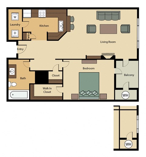 Floor plan for 1 bed, 1 bath, 958 sqft